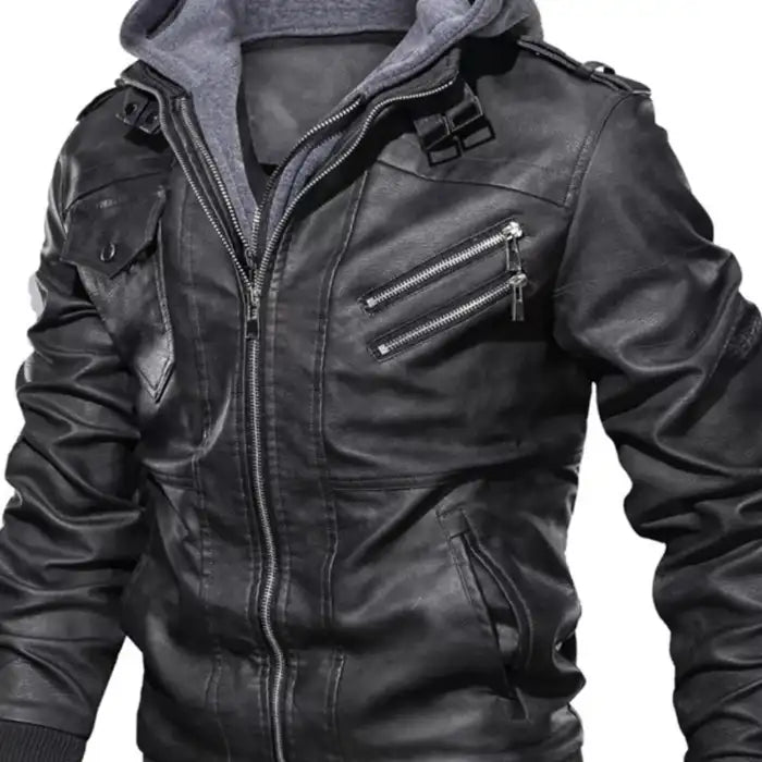 Hooded faux leather bomber jacket in black shown unzipped, displaying gray hood lining and pockets.