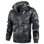 Hooded faux leather bomber jacket in blue camo print, featuring gray hood and chest pocket details.
