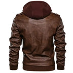 Hooded faux leather bomber jacket in brown from the back, showing smooth leather finish and ribbed hem.