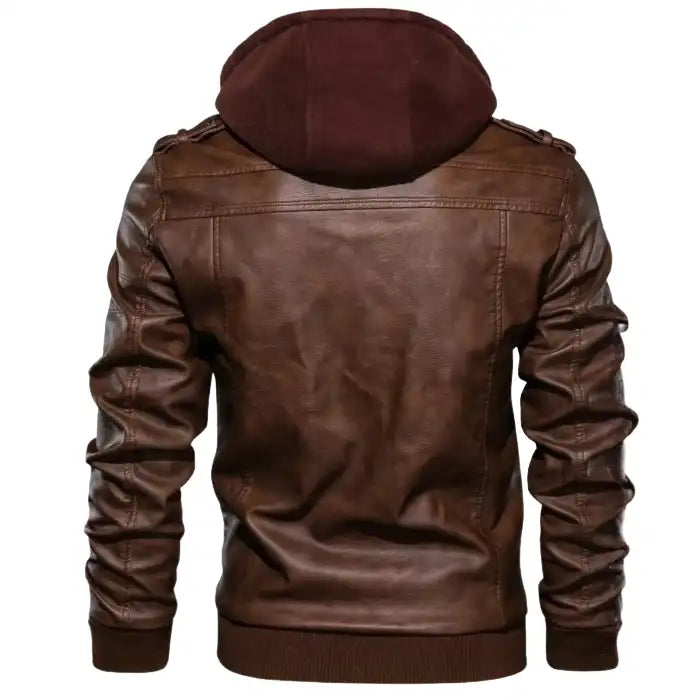 Hooded faux leather bomber jacket in brown from the back, showing smooth leather finish and ribbed hem.