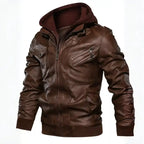 Hooded faux leather bomber jacket in brown, close detail of zipper pockets and shoulder straps.
