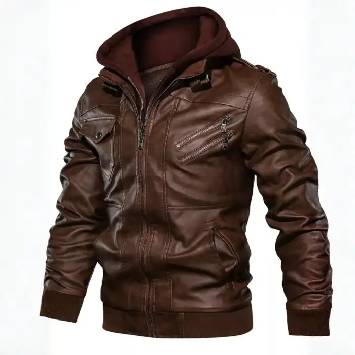Hooded faux leather bomber jacket in brown, close detail of zipper pockets and shoulder straps.