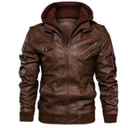 Hooded faux leather bomber jacket in brown with double zippers, chest pockets, and ribbed cuffs.