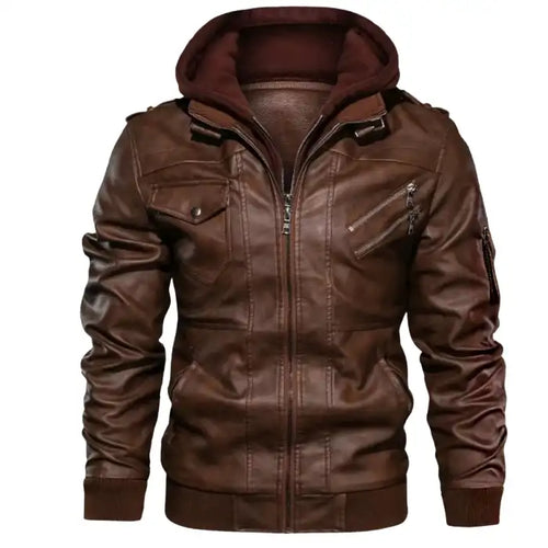 Hooded faux leather bomber jacket in brown with double zippers, chest pockets, and ribbed cuffs.