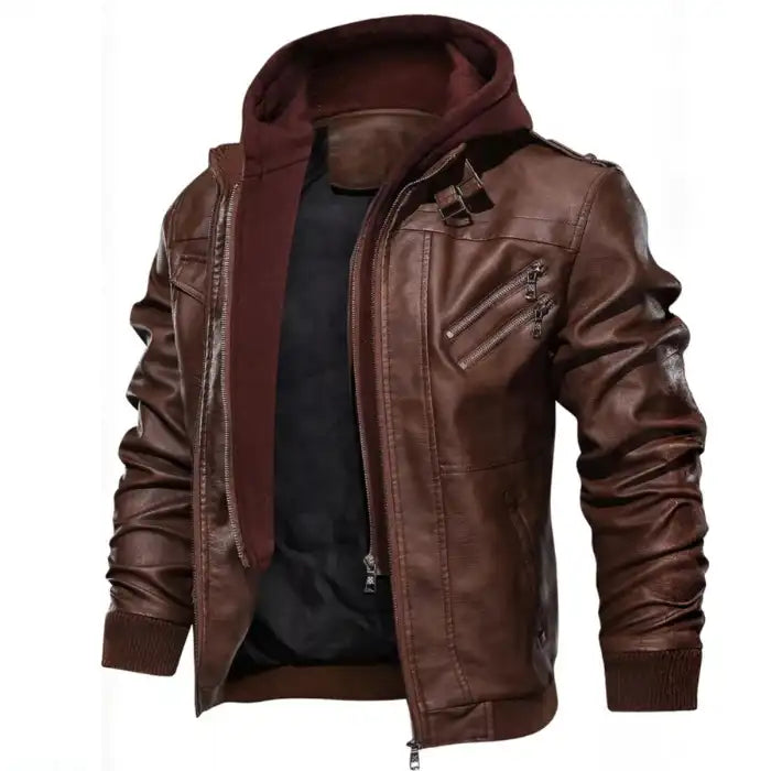  Hooded faux leather bomber jacket in brown shown partially unzipped, revealing inner lining and hood.