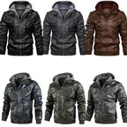 Hooded faux leather bomber jacket shown in six color options, including black, gray, brown, and camo.