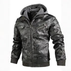 Hooded faux leather bomber jacket in dark camo print with gray hood, front view with pockets.