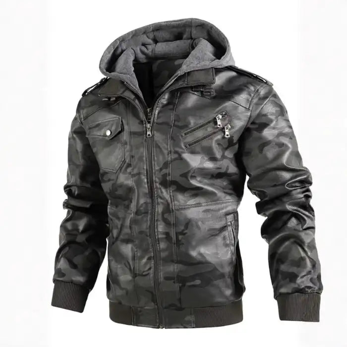 Hooded faux leather bomber jacket in dark camo print with gray hood, front view with pockets.