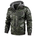 Hooded faux leather bomber jacket in green camo pattern with gray hood and multiple zipper pockets.