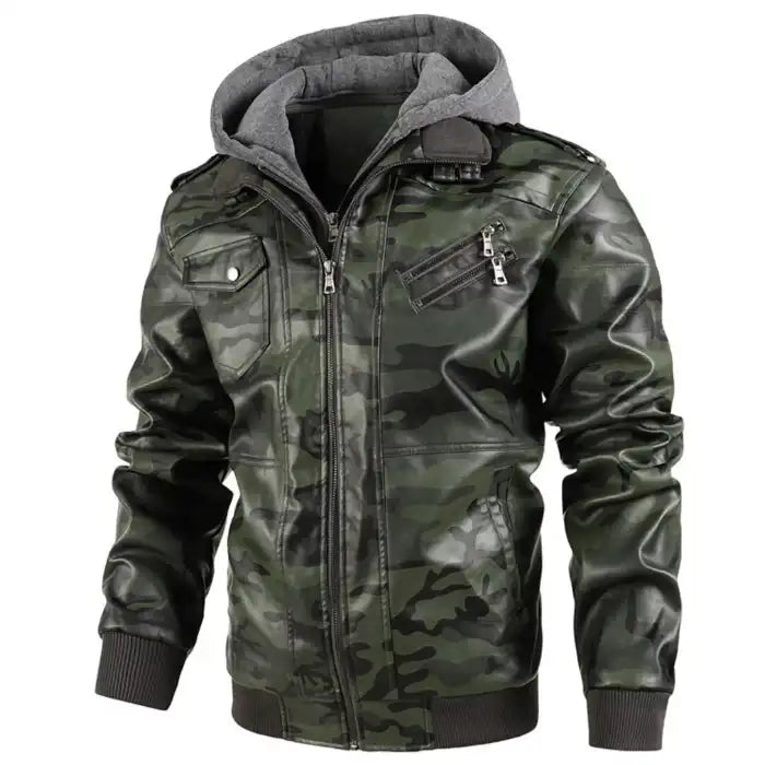 Hooded faux leather bomber jacket in green camo pattern with gray hood and multiple zipper pockets.