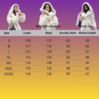Hooded long plush coat size chart showing measurements for lengths, bust, and sleeve sizes.