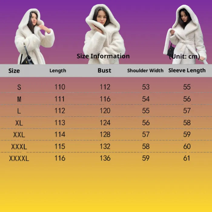 Hooded long plush coat size chart showing measurements for lengths, bust, and sleeve sizes.