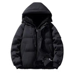 Hooded puffer jacket with ribbed cuffs and zipper in black, unzipped to reveal the soft fleece interior and pockets.