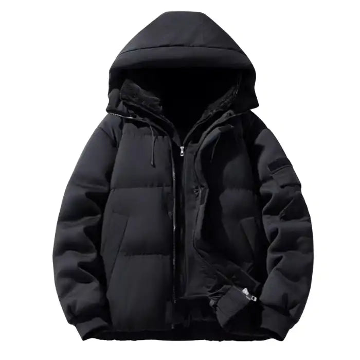 Hooded puffer jacket with ribbed cuffs and zipper in black, unzipped to reveal the soft fleece interior and pockets.