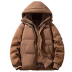 Hooded puffer jacket with ribbed cuffs and zipper in brown, shown open with cozy fleece lining and front pockets visible.