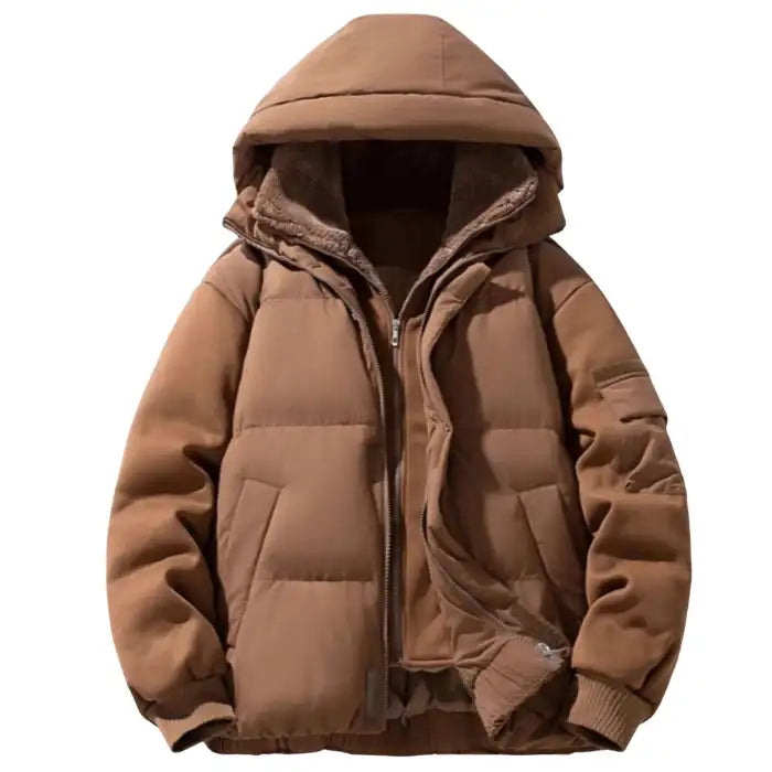 Hooded puffer jacket with ribbed cuffs and zipper in brown, shown open with cozy fleece lining and front pockets visible.