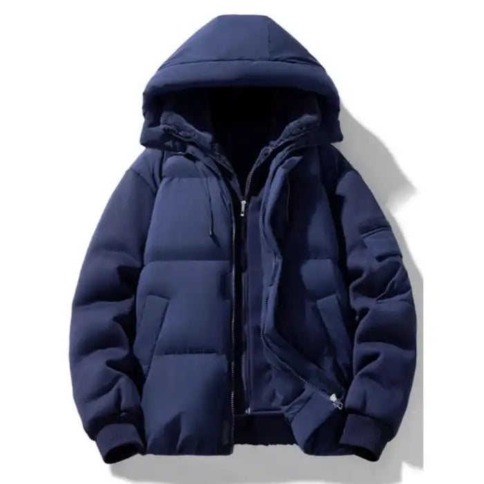 Hooded puffer jacket with ribbed cuffs and zipper in navy, shown unzipped to reveal the plush fleece lined interior.