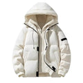 Hooded puffer jacket with ribbed cuffs and zipper in white, open to show fleece lining and black contrast trim details.