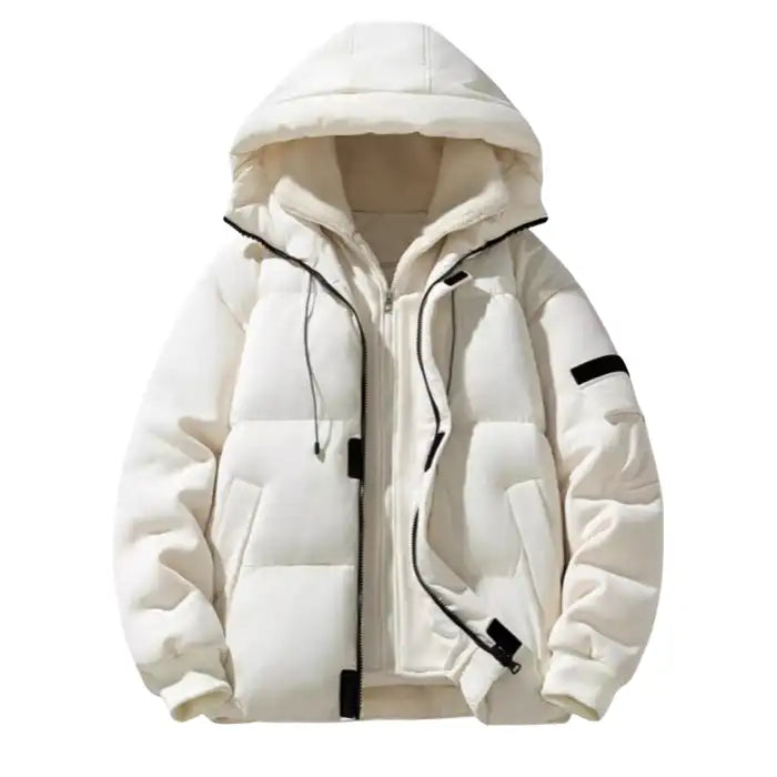 Hooded puffer jacket with ribbed cuffs and zipper in white, open to show fleece lining and black contrast trim details.