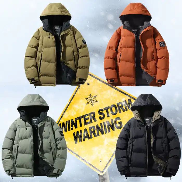  Hooded quilted puffer jacket with black interior shown in olive, orange, sage, and black colors for winter warmth.