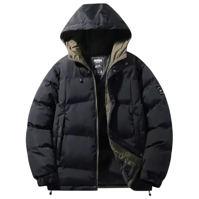 Hooded quilted puffer jacket with black interior, front view fully unzipped showing tan lining and zippered pockets.