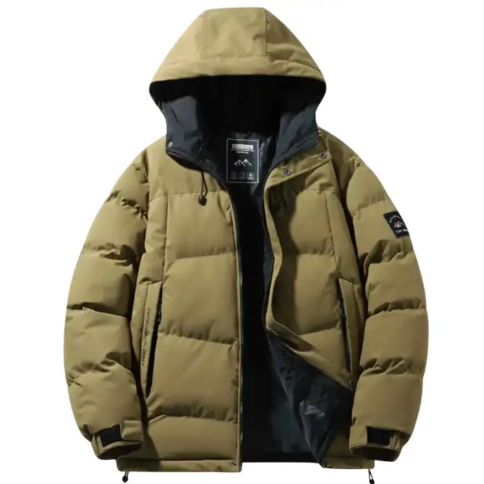  Hooded quilted puffer jacket with black interior in olive, front closeup showing zippered pockets and drawstring hood.