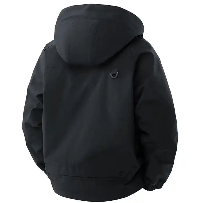  Hooded utility bomber jacket with cargo pockets in black, featuring adjustable hem and back hood construction, back view.