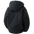  Hooded utility bomber jacket with cargo pockets in black, featuring adjustable hem and back hood construction, back view.