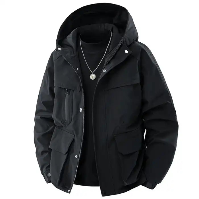  Hooded utility bomber jacket with cargo pockets in black, showing layered design and multiple storage pockets, front view.