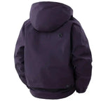  Hooded utility bomber jacket with cargo pockets in dark purple, featuring ribbed cuffs and back detail, back view.