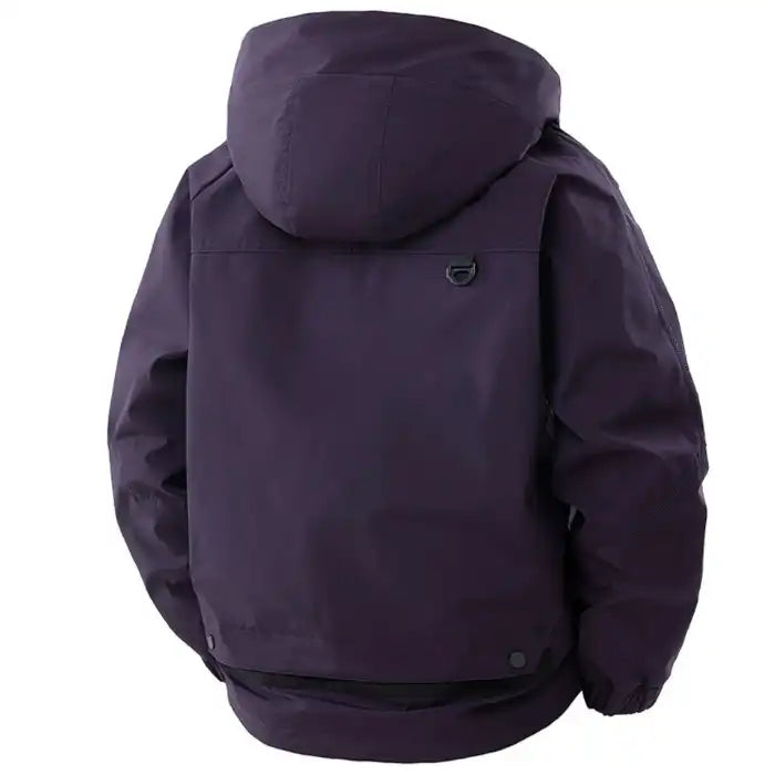  Hooded utility bomber jacket with cargo pockets in dark purple, featuring ribbed cuffs and back detail, back view.