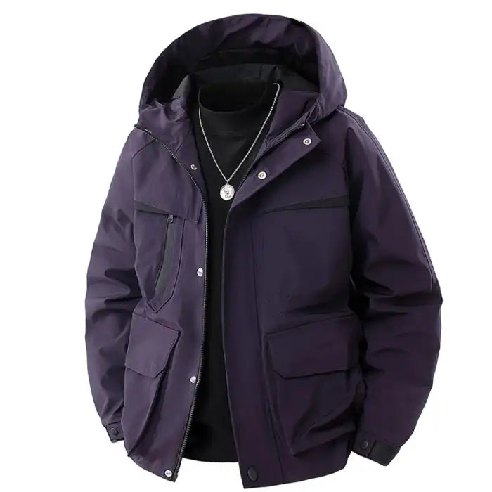 Hooded utility bomber jacket with cargo pockets in dark purple, showing zip front and utility style, front view.