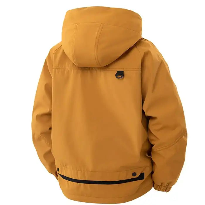  Hooded utility bomber jacket with cargo pockets in mustard yellow, featuring elastic cuffs and hem, back view.