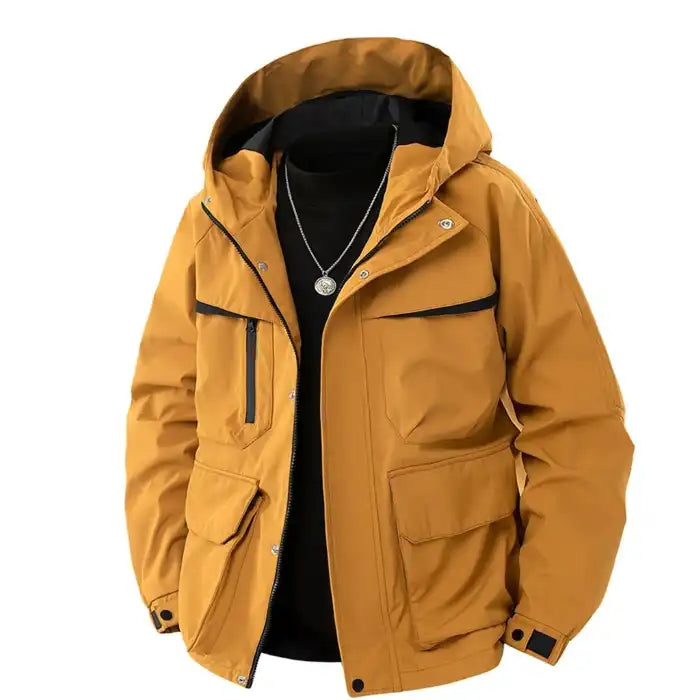  Hooded utility bomber jacket with cargo pockets in mustard yellow, showing zip closure and chest pocket, front view.