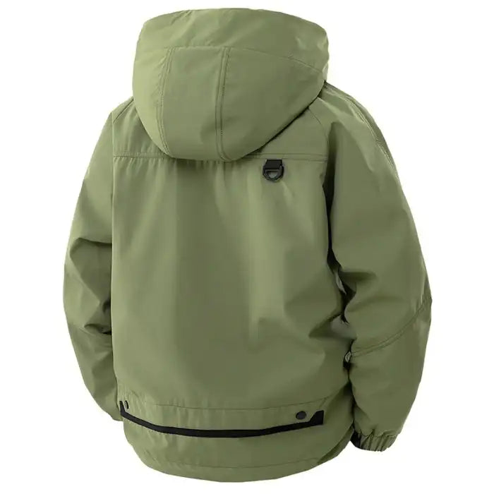  Hooded utility bomber jacket with cargo pockets in sage green, featuring ribbed hem and back hood detail, back view.