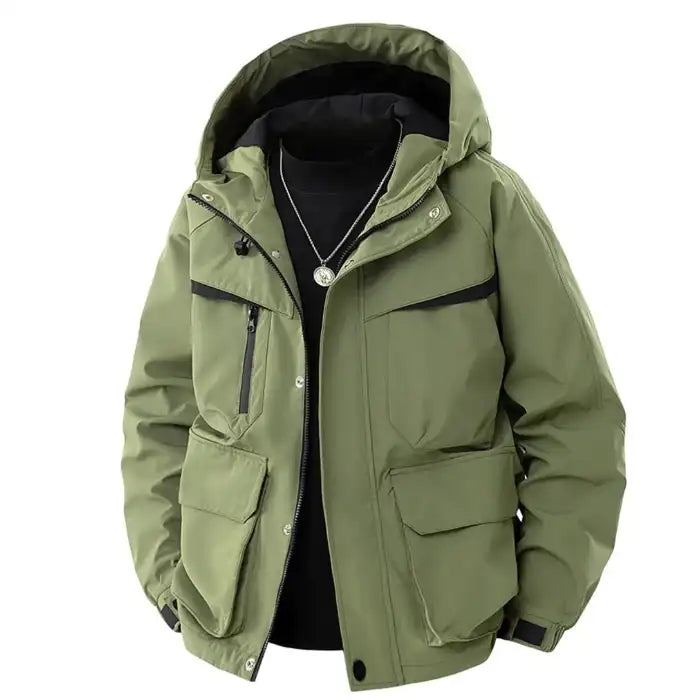 Hooded utility bomber jacket with cargo pockets in sage green, showing zip front and multiple pockets, front view.
