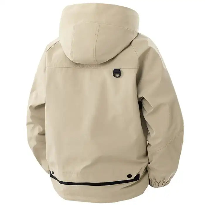  Hooded utility bomber jacket with cargo pockets in tan beige, featuring adjustable hood and elastic waistband, back view.