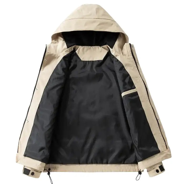 Hooded utility bomber jacket with cargo pockets in tan, showcasing black interior lining and open front, interior view.