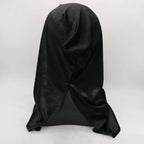 Hooded witch mask back view highlights flowing black hood fabric detail for spooky costume appeal.
