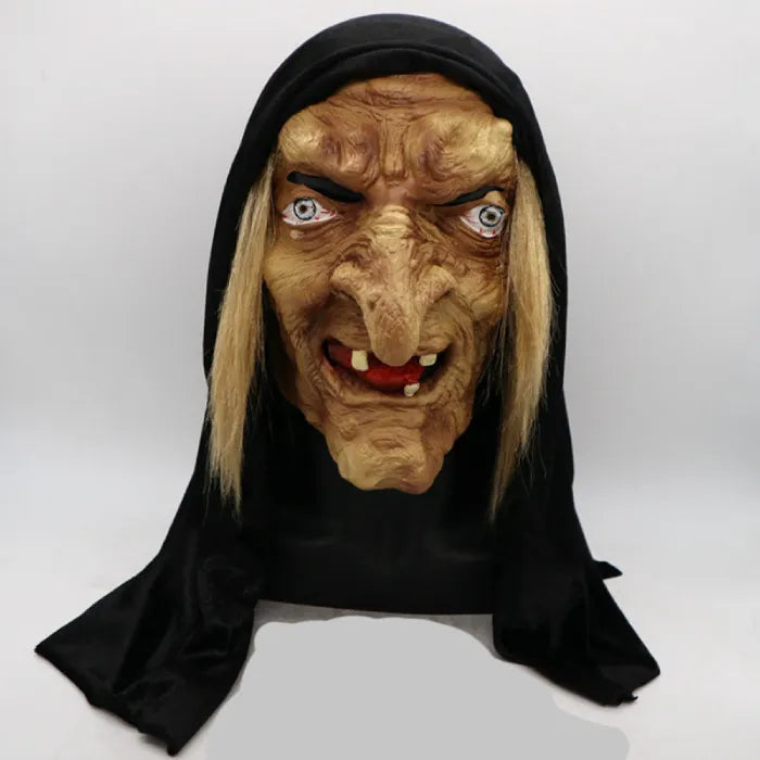 Hooded witch mask front view showing distorted nose, warts, and hood draping for horror costume display