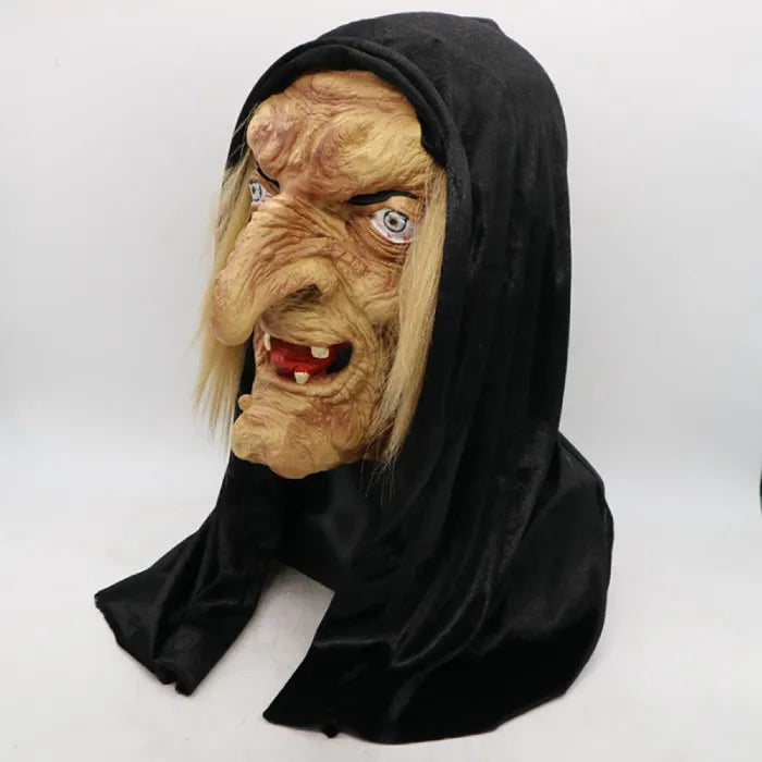 Hooded witch mask side profile with hooked nose and hood drape giving eerie, left side-on horror look.