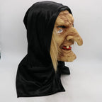 Hooded witch mask side profile with hooked nose and hood drape giving eerie, side-on horror look.