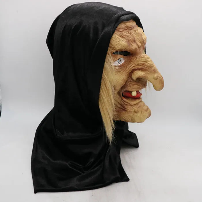 Hooded witch mask side profile with hooked nose and hood drape giving eerie, side-on horror look.