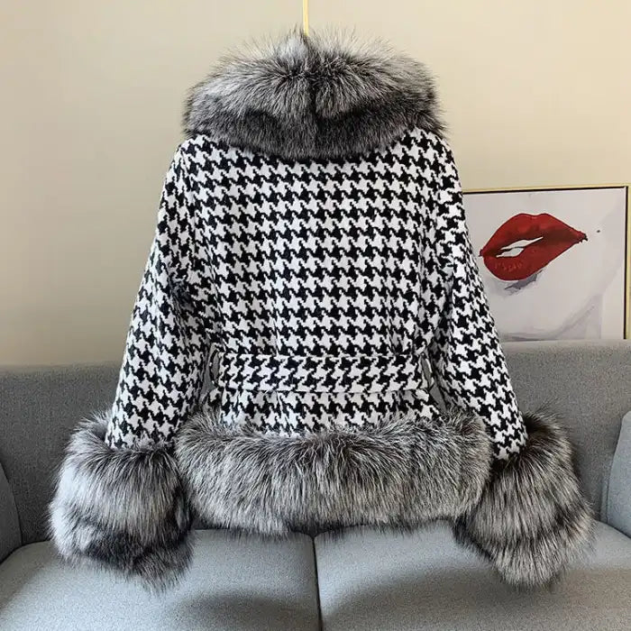  Houndstooth coat with faux fur trim, gray fur collar and hem detail, belted waist design, displayed back view.