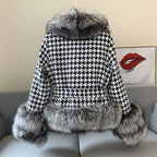  Houndstooth coat with faux fur trim, gray fur collar and hem detail, belted waist design, displayed back view.