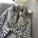 Houndstooth coat with faux fur trim, full body on model, gray fur details, fitted waist, sophisticated style.