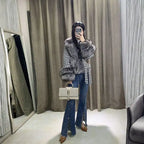  Houndstooth coat with faux fur trim, extreme close-up of soft plush gray fur texture and pattern contrast