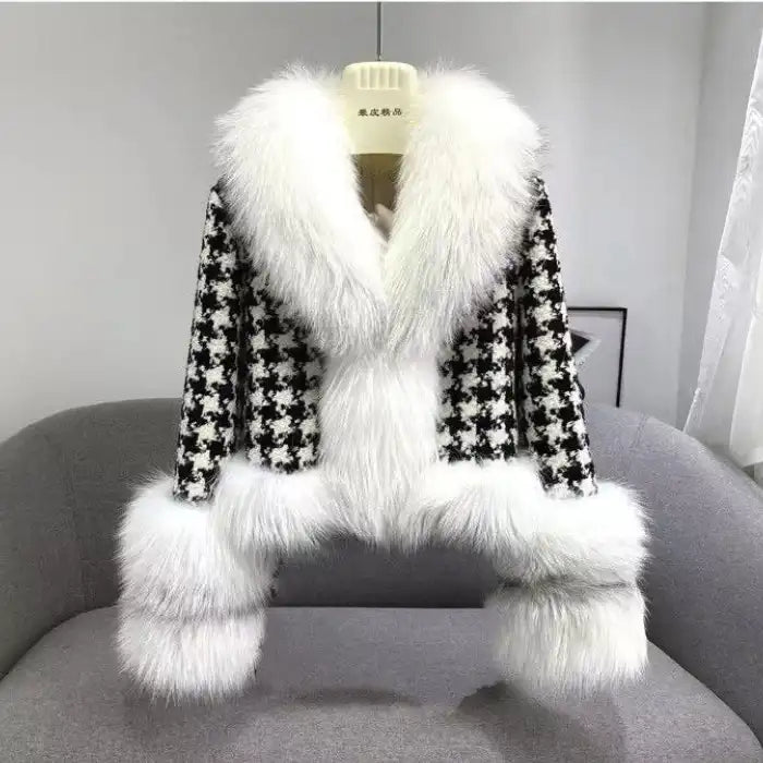  Houndstooth coat with faux fur trim, white fur collar and cuffs variation, classic pattern, belted style.