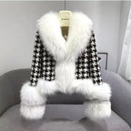  Houndstooth coat with faux fur trim, white fur collar and cuffs variation, classic pattern, belted style.