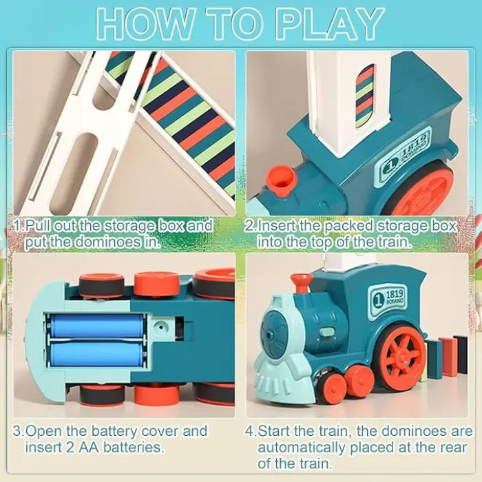 Step-by-step instructions for using the domino train toy, including setup and battery placement.